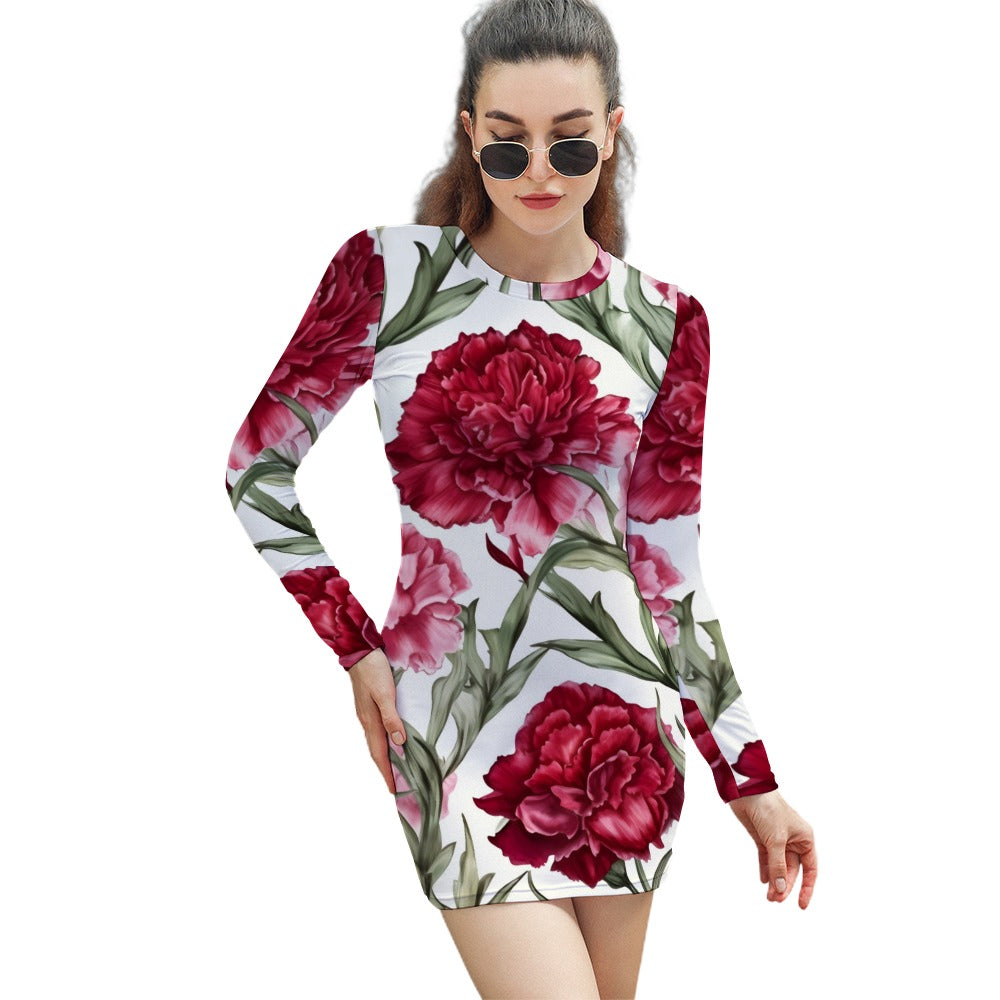 Carnation Birth Month Dress, Birth Month Dress, January Birth Month Dress, Long Sleeve January Birth Month Dress, Women's Elegant Long Sleeve Skinny Dress