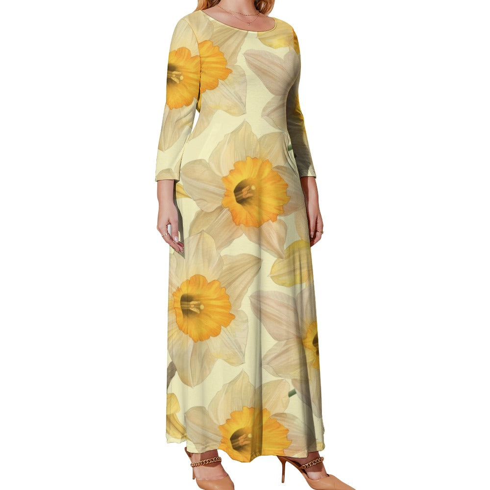 Daffodils Dress, Plus Size Birth Month Dress, March Birth Month Dress, Small to Plus Size Loose Dress, Crew Neck Long Sleeve Dress