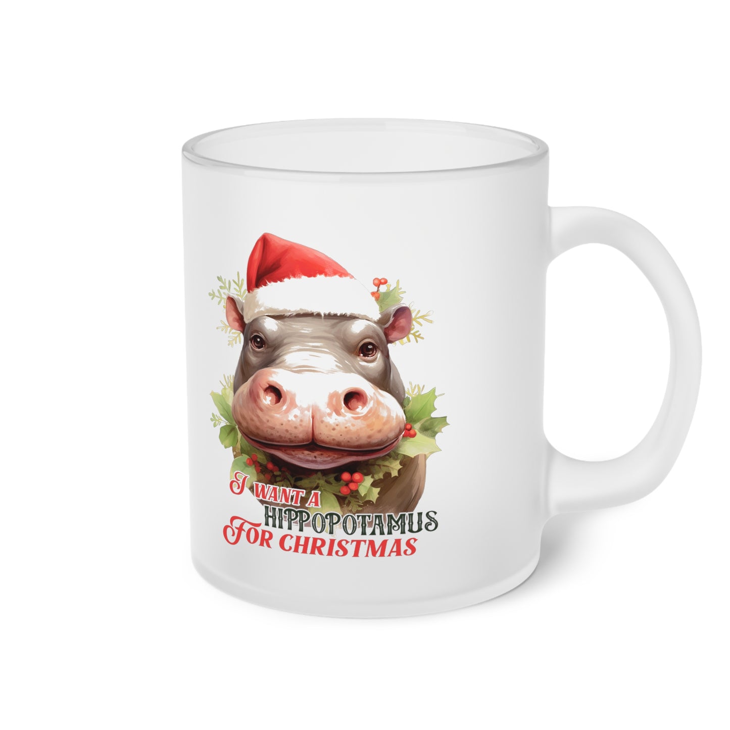 Hippo Frosted Glass Mug, Cute Christmas Mug, Goat Themed Holiday Mug, Frosted Mug, Cute Coffee Mug, Holiday Coffee Mug, Frosted Holiday Coffee Mug
