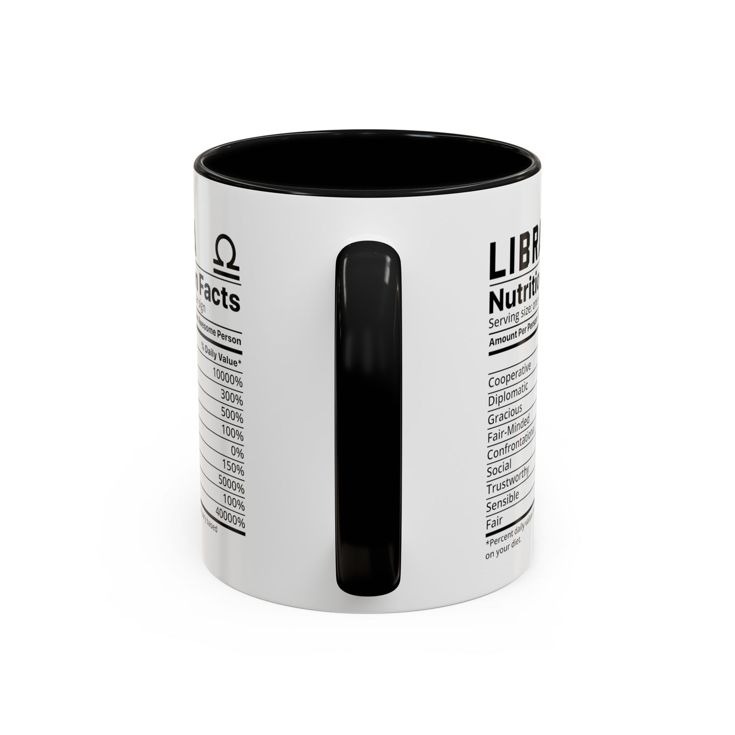 Libra Star Sign Nutrition Facts White Black Accent Ceramic Mugs 11oz, Zodiac, Astrology, Celestial, coffee mug, tea cup, joke, funny, humorous, fun