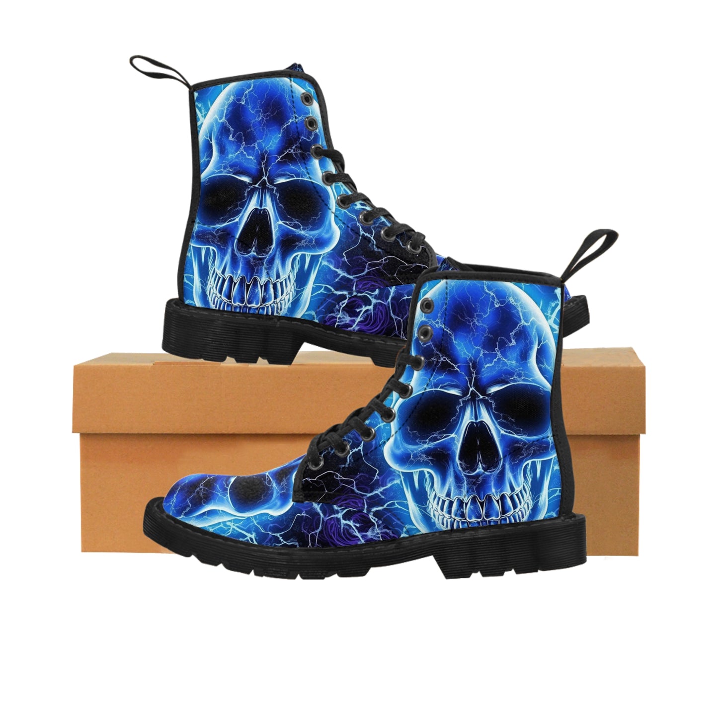 Skulls, Blue Neon Boots, Electric Blue Neon Skulls, Mens Canvas Boots