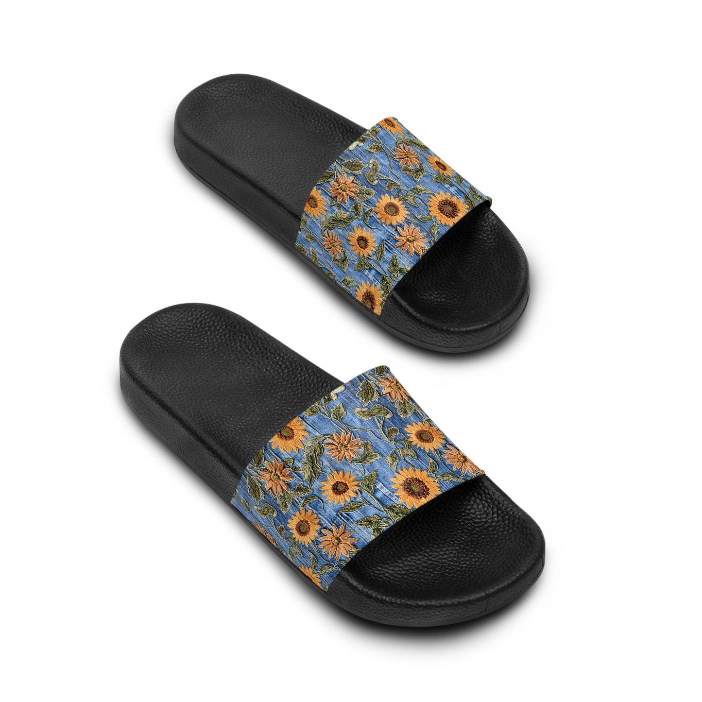 Denim & Sunflowers, Denim and Sunflowers Slides, Denim Look Slides, Denim look sandals, summer sandals, Women's Slide Sandals