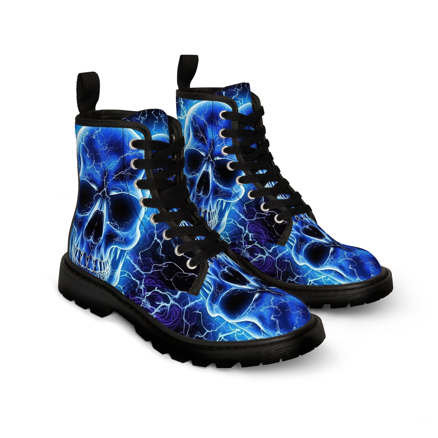Skulls, Blue Neon Boots, Electric Blue Neon Skulls, Mens Canvas Boots