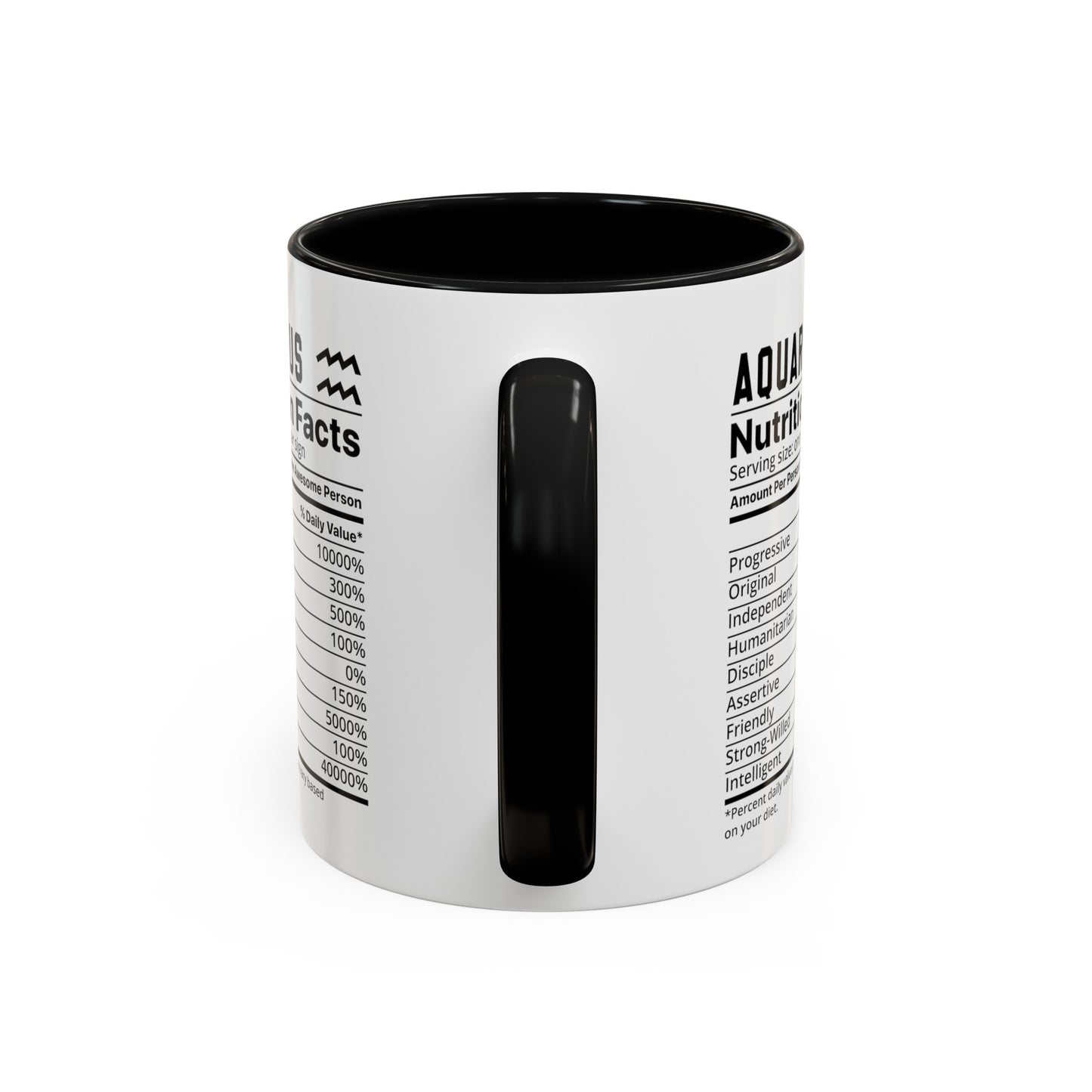 Aquarius Star Sign Nutrition Facts White Black Accent Ceramic Mugs 11oz, Zodiac, Astrology, Celestial, coffee mug, tea cup, joke, funny, humorous, fun