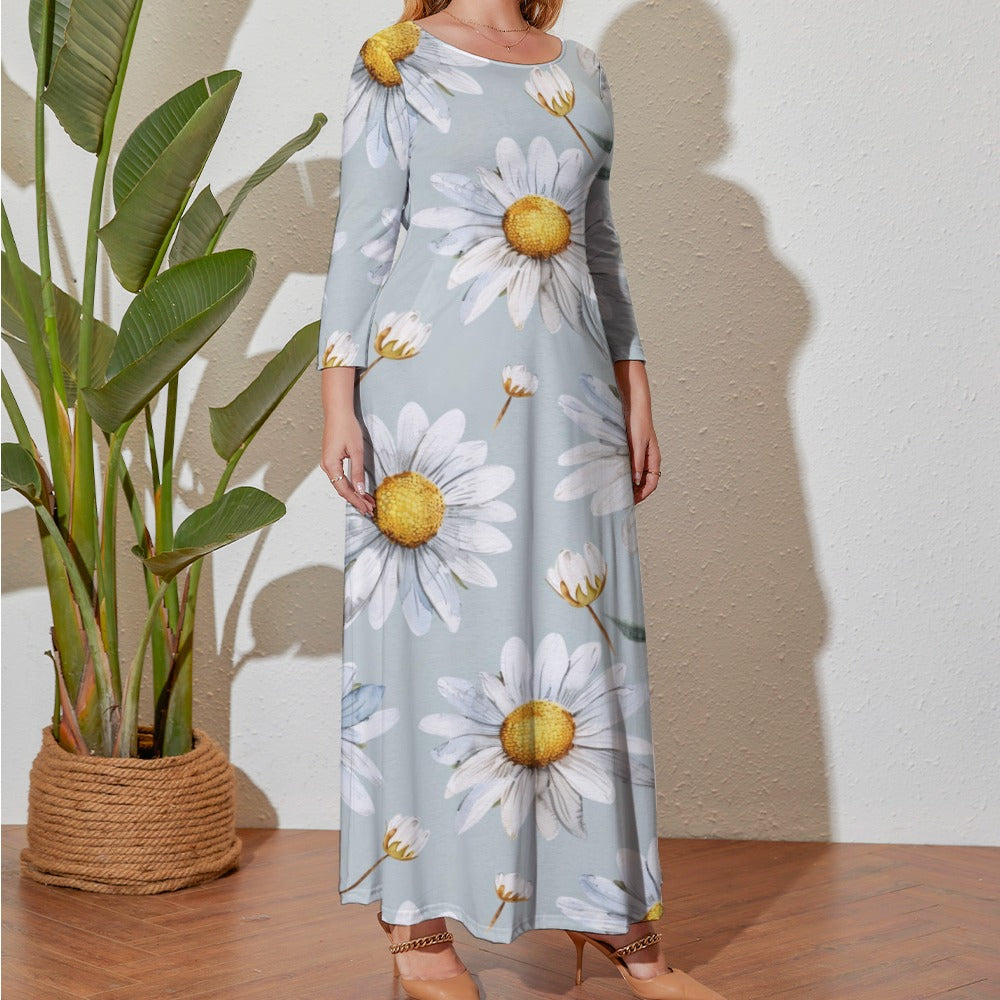 Daisy Dress, Plus Size Birth Month Dress, April Birth Month Dress, Small to Plus Size Loose Dress, Crew Neck Long Sleeve Dress