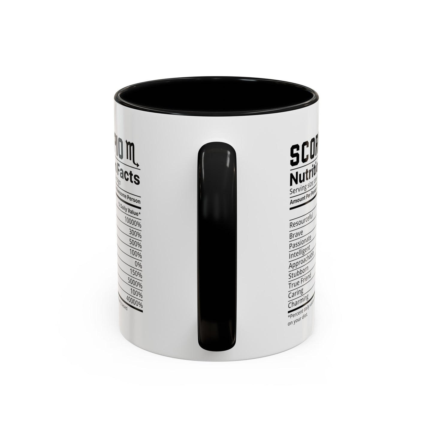 Scorpio Star Sign Nutrition Facts White Black Accent Ceramic Mugs 11oz, Zodiac, Astrology, Celestial, coffee mug, tea cup, joke, funny, humorous, fun