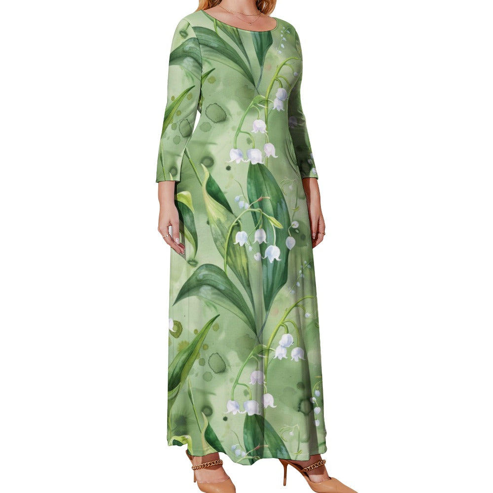 Lily of the Valley Dress, Plus Size Birth Month Dress, May Birth Month Dress, Small to Plus Size Loose Dress, Crew Neck Long Sleeve Dress