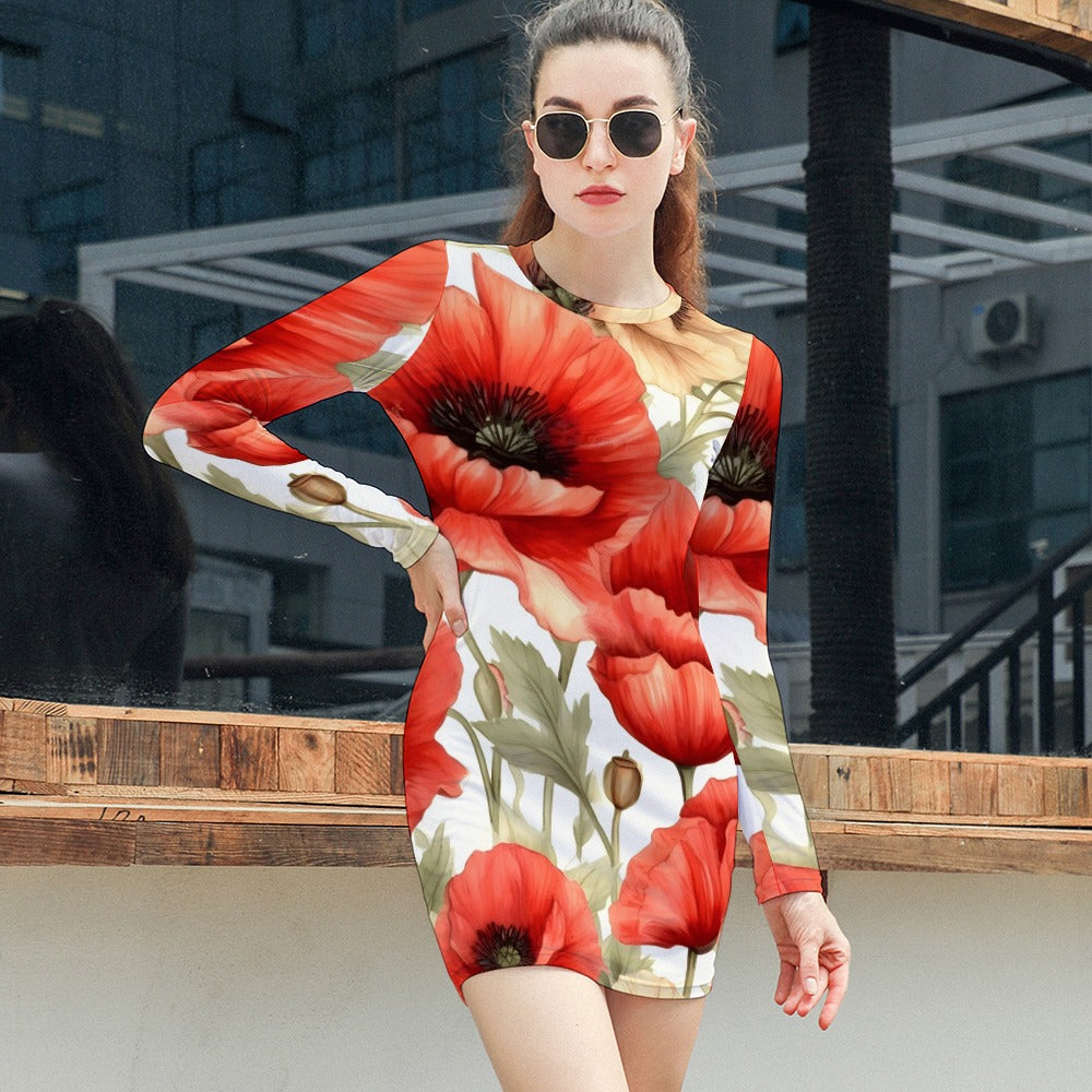 Poppy Birth Month Dress, Birth Month Dress, August Birth Month Dress, Long Sleeve August Birth Month Dress, Women's Elegant Long Sleeve Skinny Dress