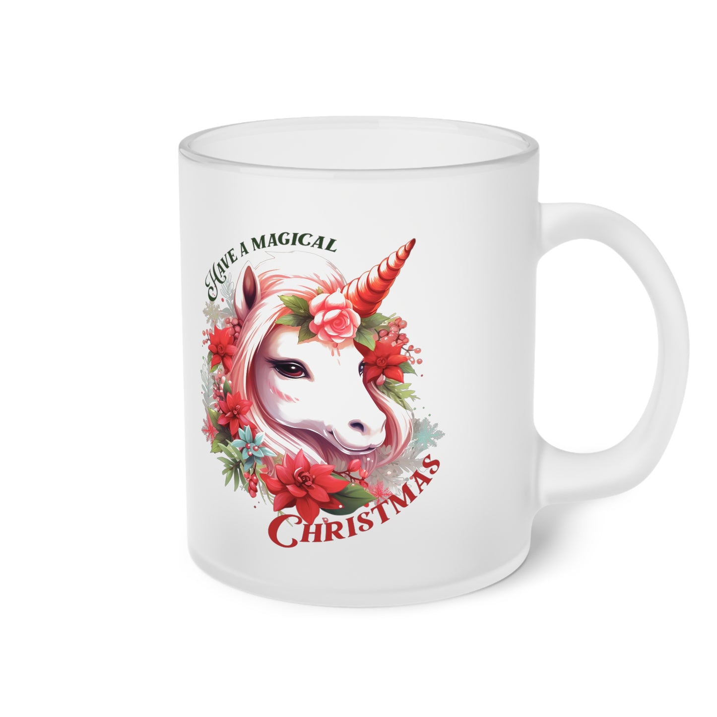 Unicorn Frosted Glass Mug, Cute Christmas Mug, Unicorn Themed Holiday Mug, Frosted Mug, Cute Coffee Mug, Holiday Coffee Mug, Frosted Holiday Coffee Mug