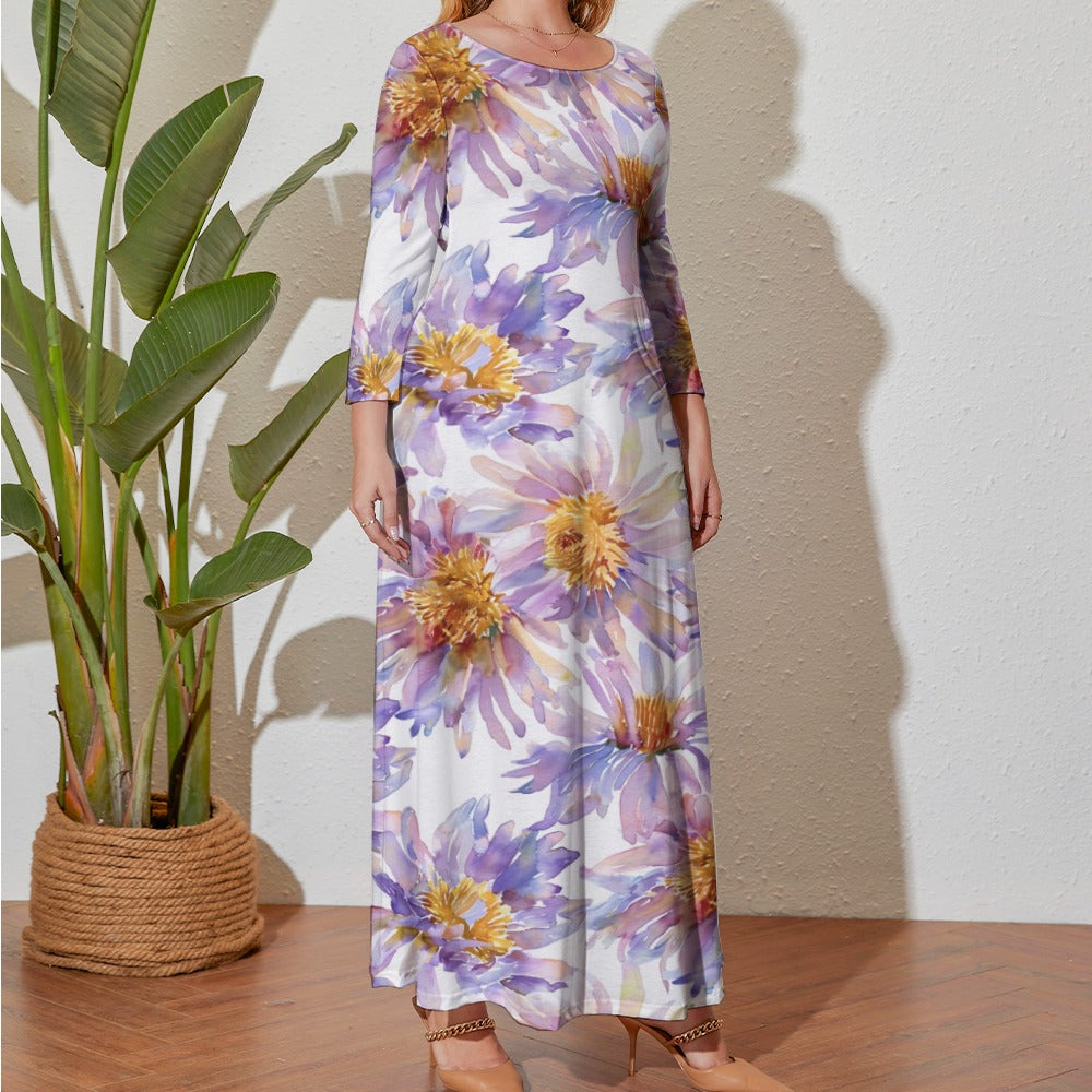 Aster Dress, Plus Size Birth Month Dress, September Birth Month Dress, Small to Plus Size Loose Dress, Crew Neck Long Sleeve Dress