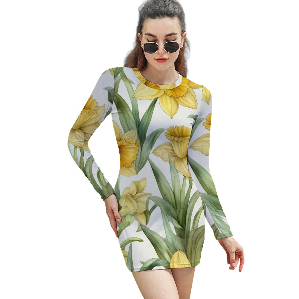 Daffodil Birth Month Dress, Birth Month Dress, March Birth Month Dress, Long Sleeve March Birth Month Dress, Women's Elegant Long Sleeve Skinny Dress