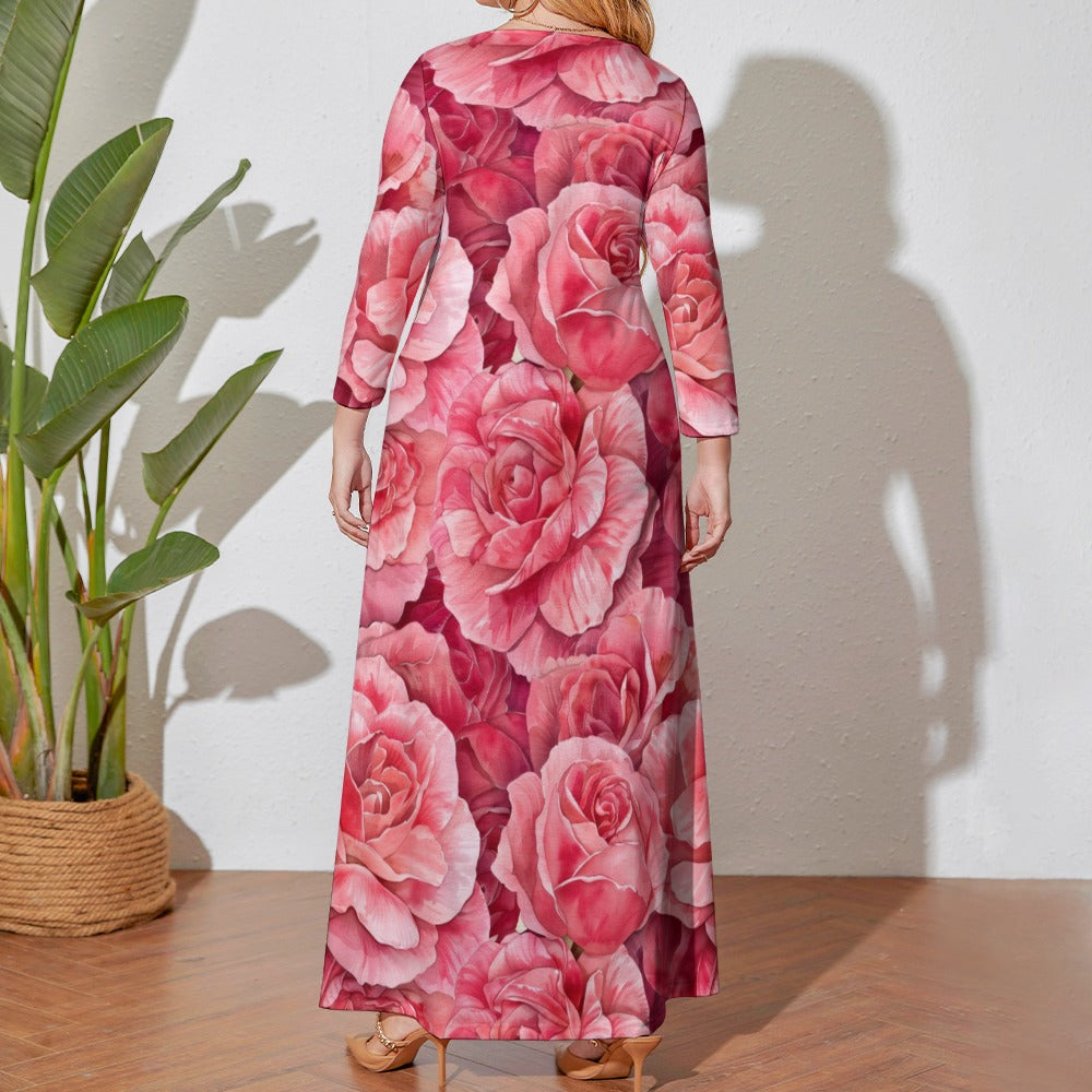 Roses Dress, Plus Size Birth Month Dress, June Birth Month Dress, Small to Plus Size Loose Dress, Crew Neck Long Sleeve Dress