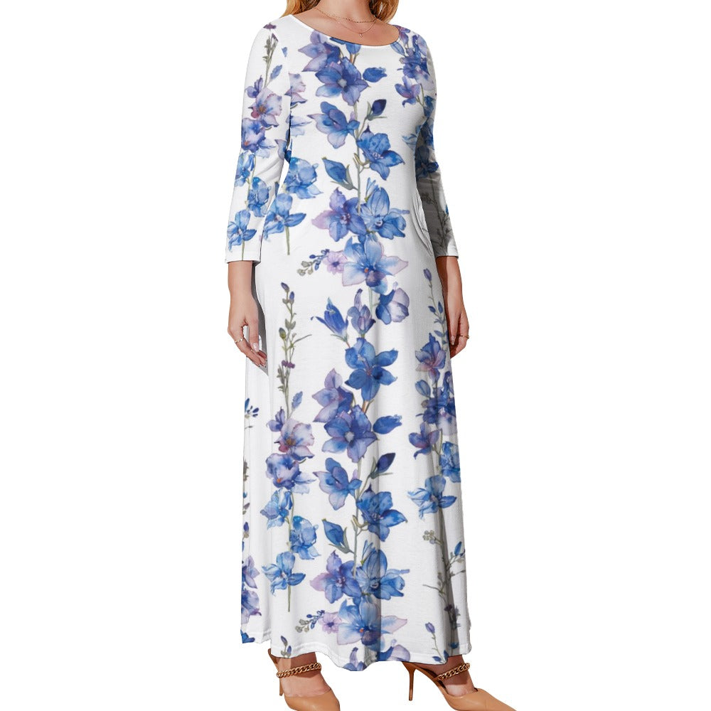 Larkspur Dress, Plus Size Birth Month Dress, July Birth Month Dress, Small to Plus Size Loose Dress, Crew Neck Long Sleeve Dress