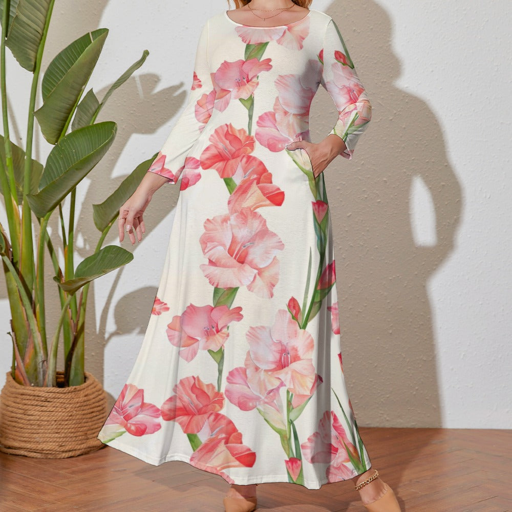 Gladiolus Dress, Plus Size Birth Month Dress, August Birth Month Dress, Small to Plus Size Loose Dress, Crew Neck Long Sleeve Dress