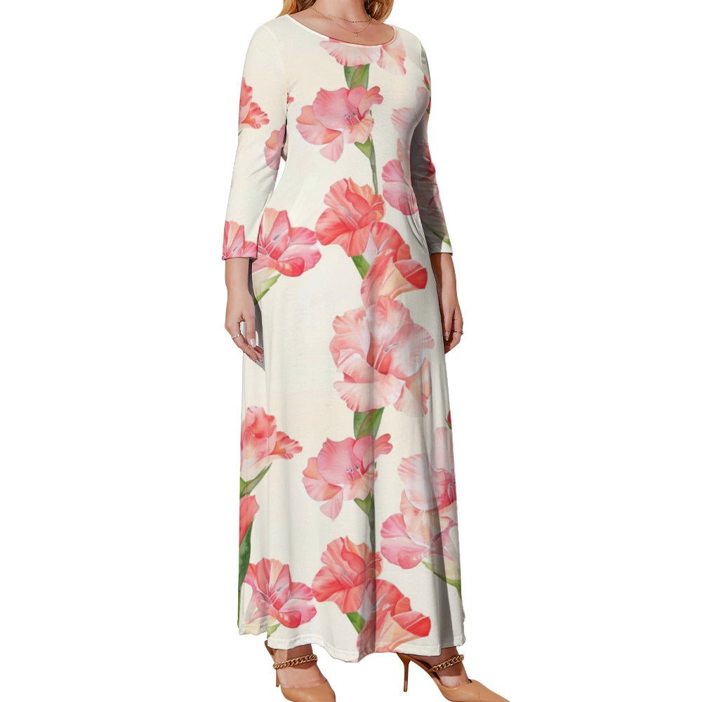 Gladiolus Dress, Plus Size Birth Month Dress, August Birth Month Dress, Small to Plus Size Loose Dress, Crew Neck Long Sleeve Dress