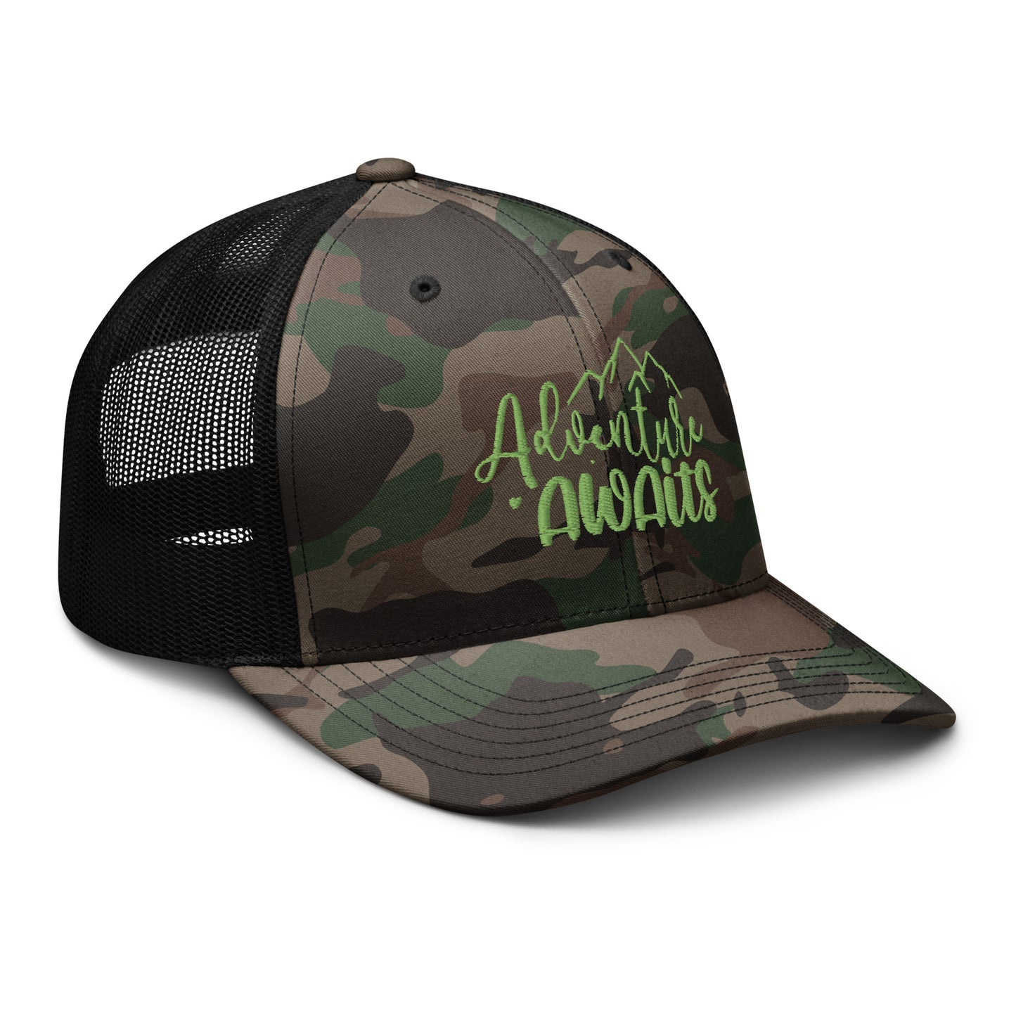 Adventure Awaits Camo Hat, Camouflage Adventure hat, Camo Cap, Camouflage, trucker cap, trucker hat