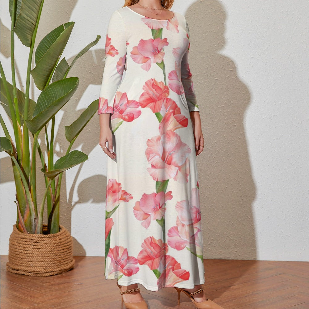 Gladiolus Dress, Plus Size Birth Month Dress, August Birth Month Dress, Small to Plus Size Loose Dress, Crew Neck Long Sleeve Dress