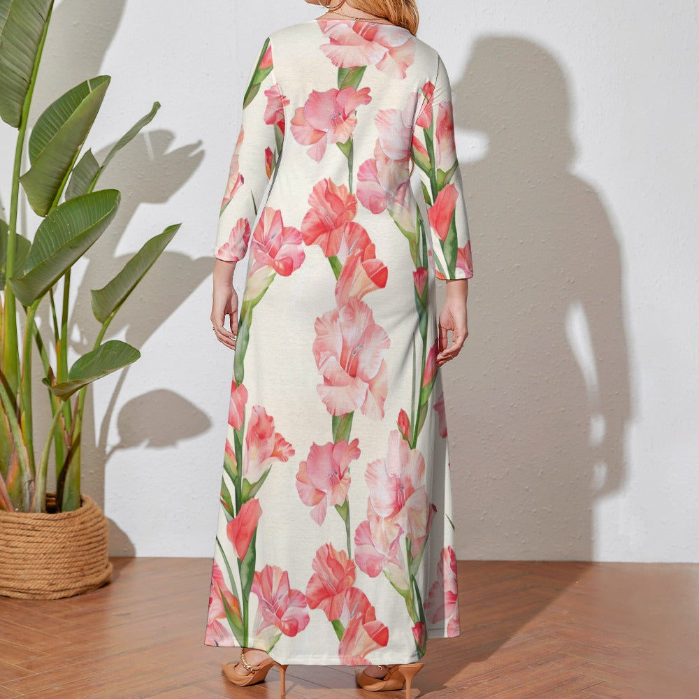 Gladiolus Dress, Plus Size Birth Month Dress, August Birth Month Dress, Small to Plus Size Loose Dress, Crew Neck Long Sleeve Dress