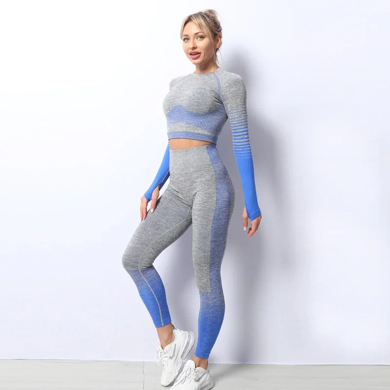 Seamless Ombre Long Sleeve Yoga Set: Women's High-Waisted Fitness Suit Workout Set