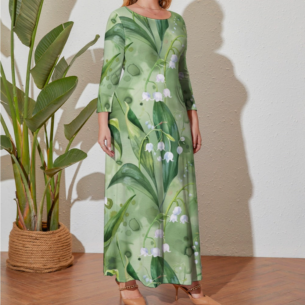 Lily of the Valley Dress, Plus Size Birth Month Dress, May Birth Month Dress, Small to Plus Size Loose Dress, Crew Neck Long Sleeve Dress