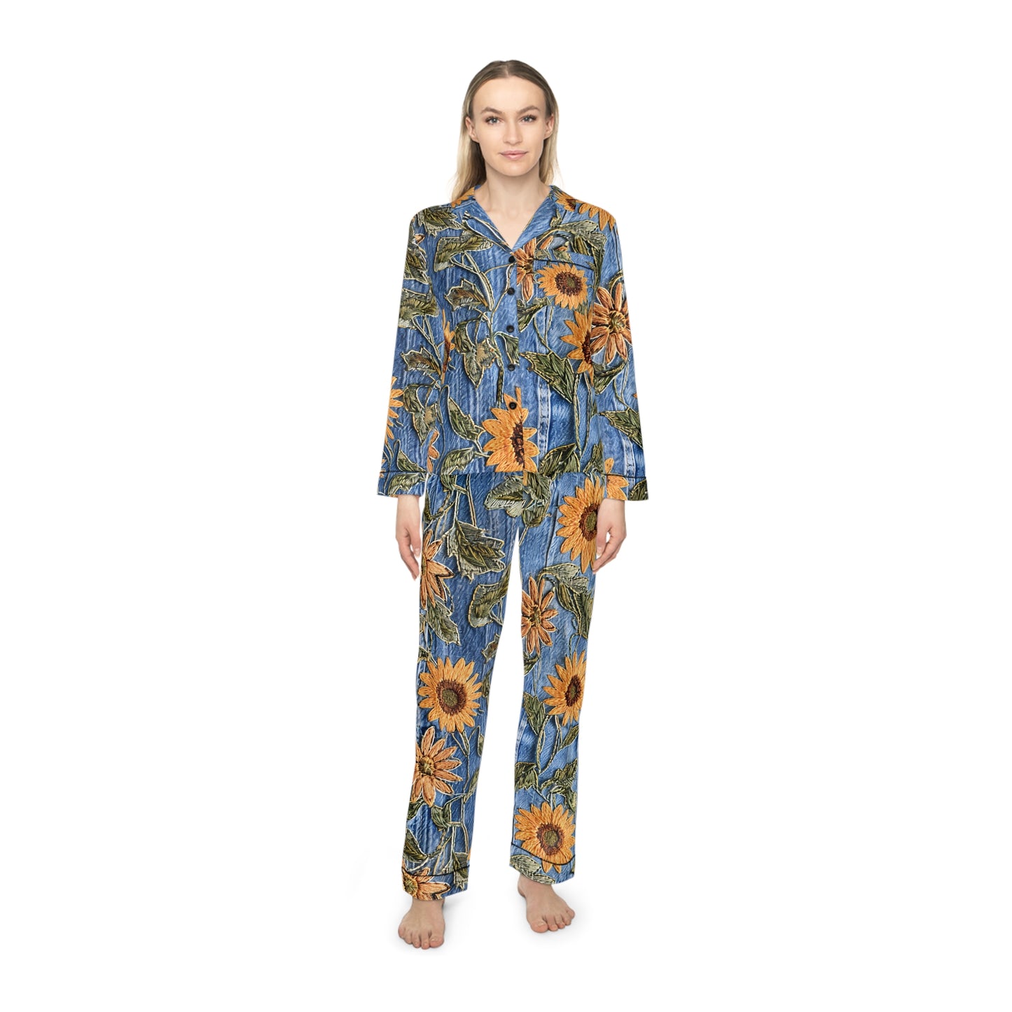 Denim & Sunflowers, Sunflowers and Denim pajamas, Denim & Sunflower Pajamas, Denim Look, Women's Satin Pajamas