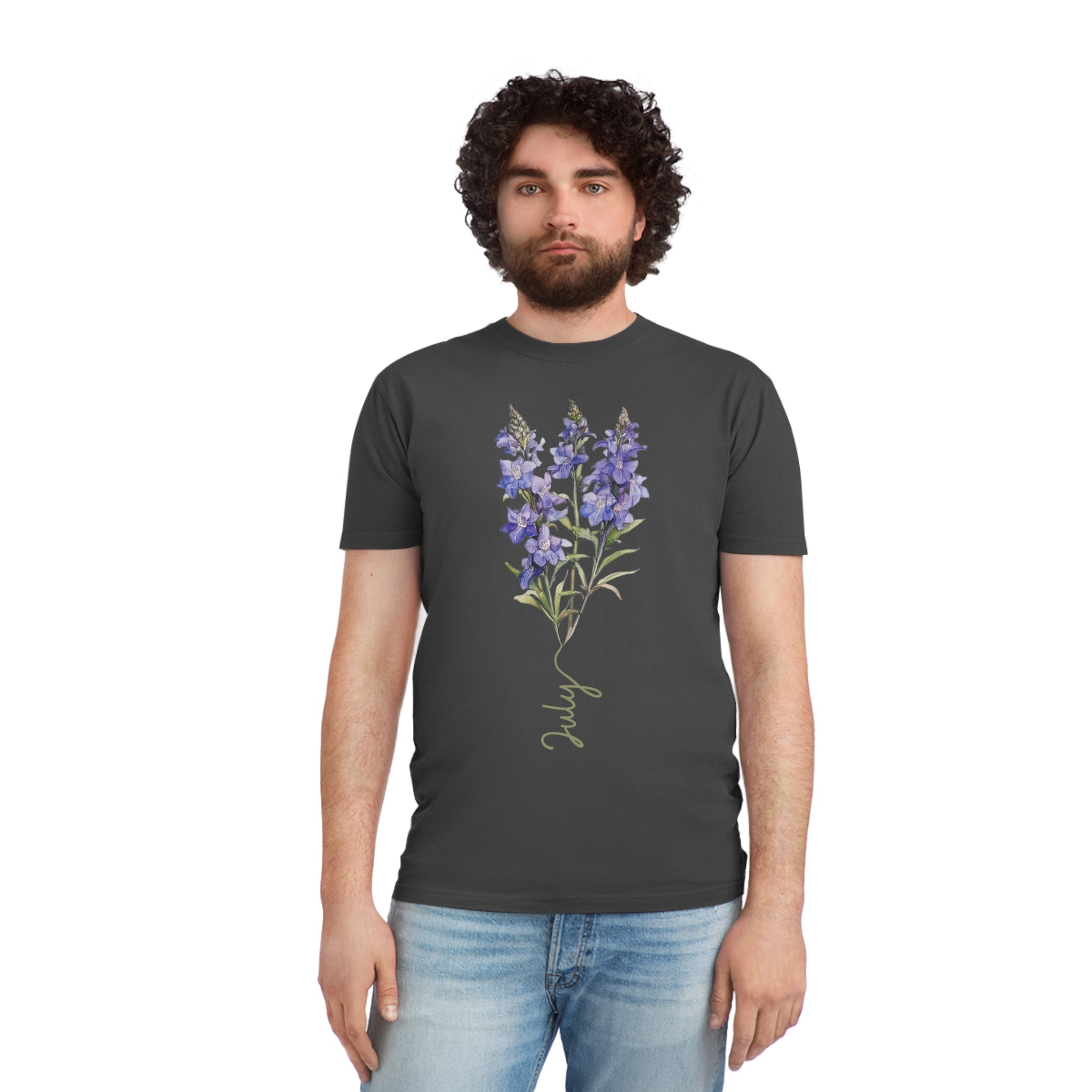 Birth Flower Tee, July Birth Flower, Larkspur Flower, Birth Flower, Birth Flower T-shirt, AS Colours Tee, Unisex Faded Shirt
