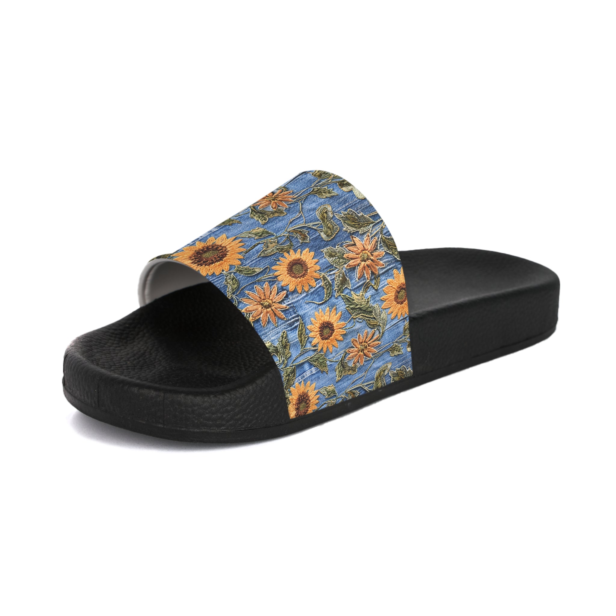 Denim & Sunflowers, Denim and Sunflowers Slides, Denim Look Slides, Denim look sandals, summer sandals, Women's Slide Sandals