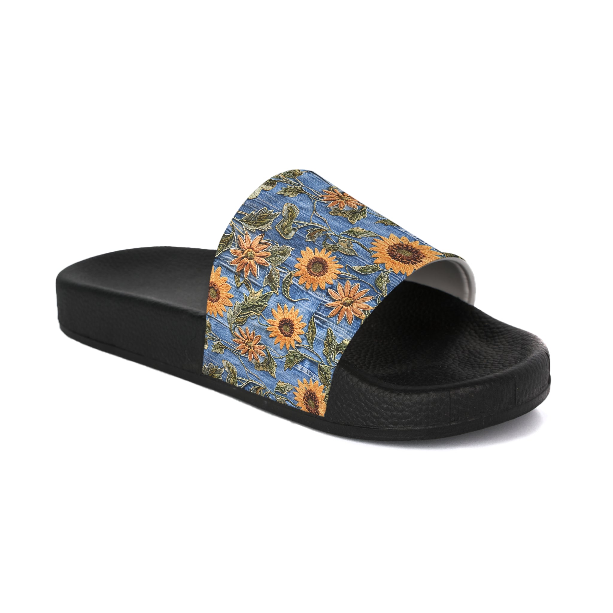 Denim & Sunflowers, Denim and Sunflowers Slides, Denim Look Slides, Denim look sandals, summer sandals, Women's Slide Sandals