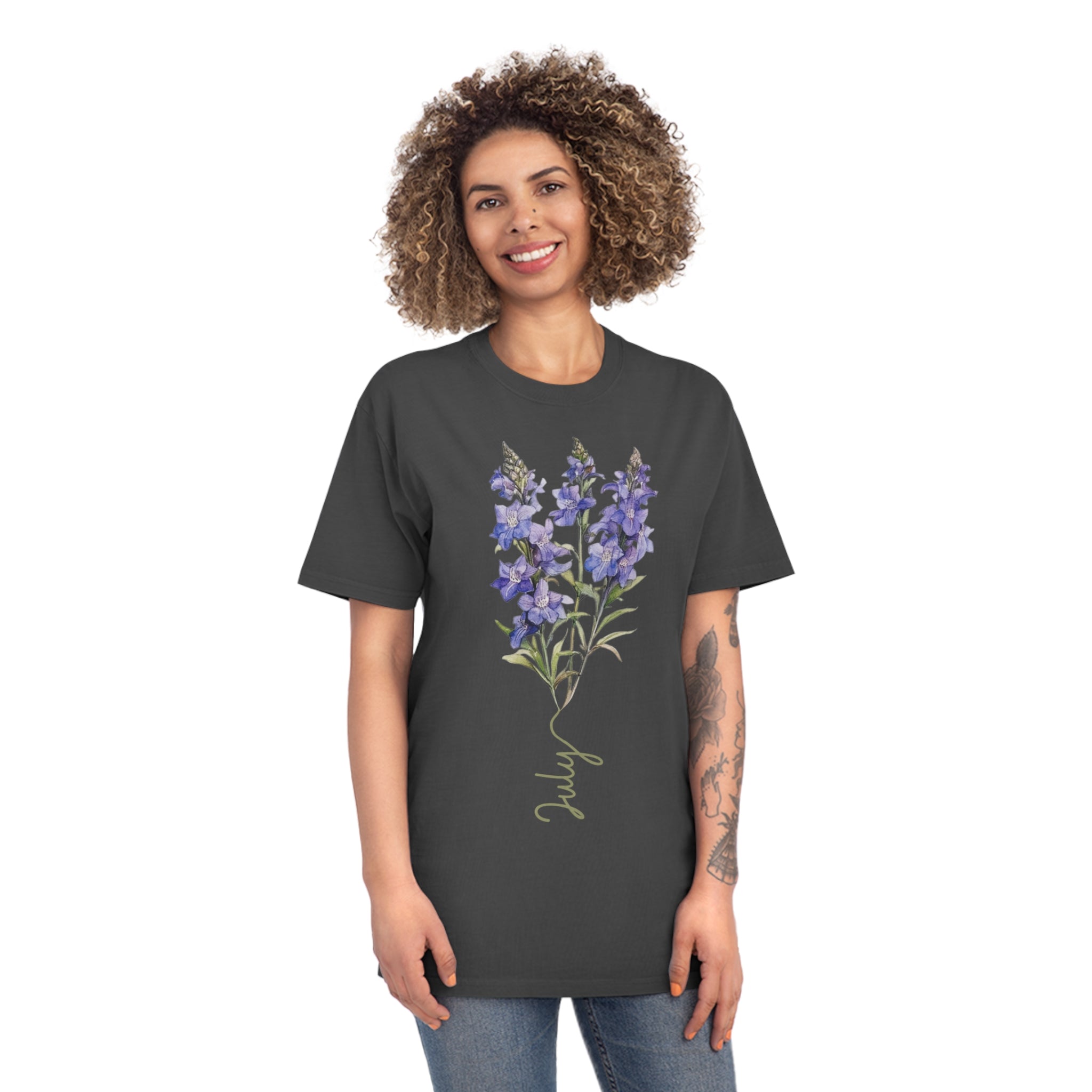 Birth Flower Tee, July Birth Flower, Larkspur Flower, Birth Flower, Birth Flower T-shirt, AS Colours Tee, Unisex Faded Shirt