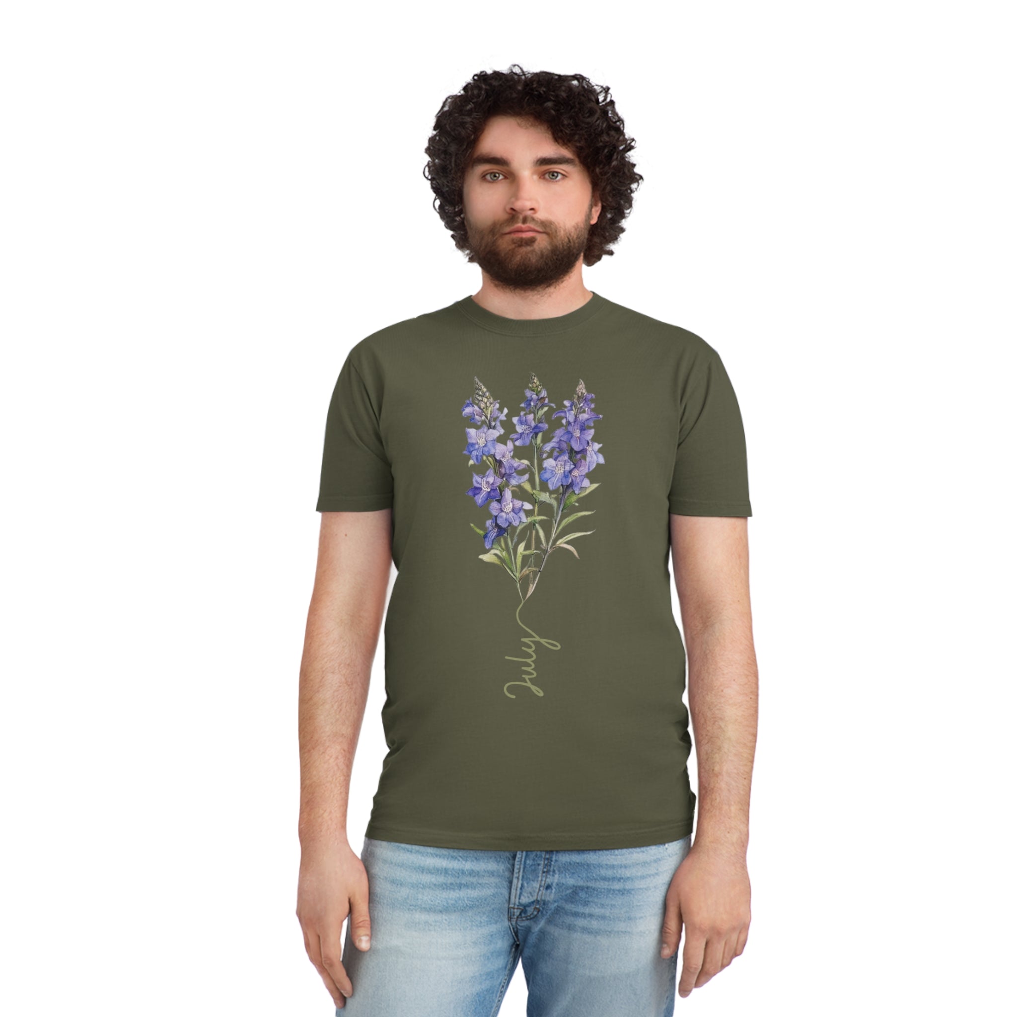 Birth Flower Tee, July Birth Flower, Larkspur Flower, Birth Flower, Birth Flower T-shirt, AS Colours Tee, Unisex Faded Shirt