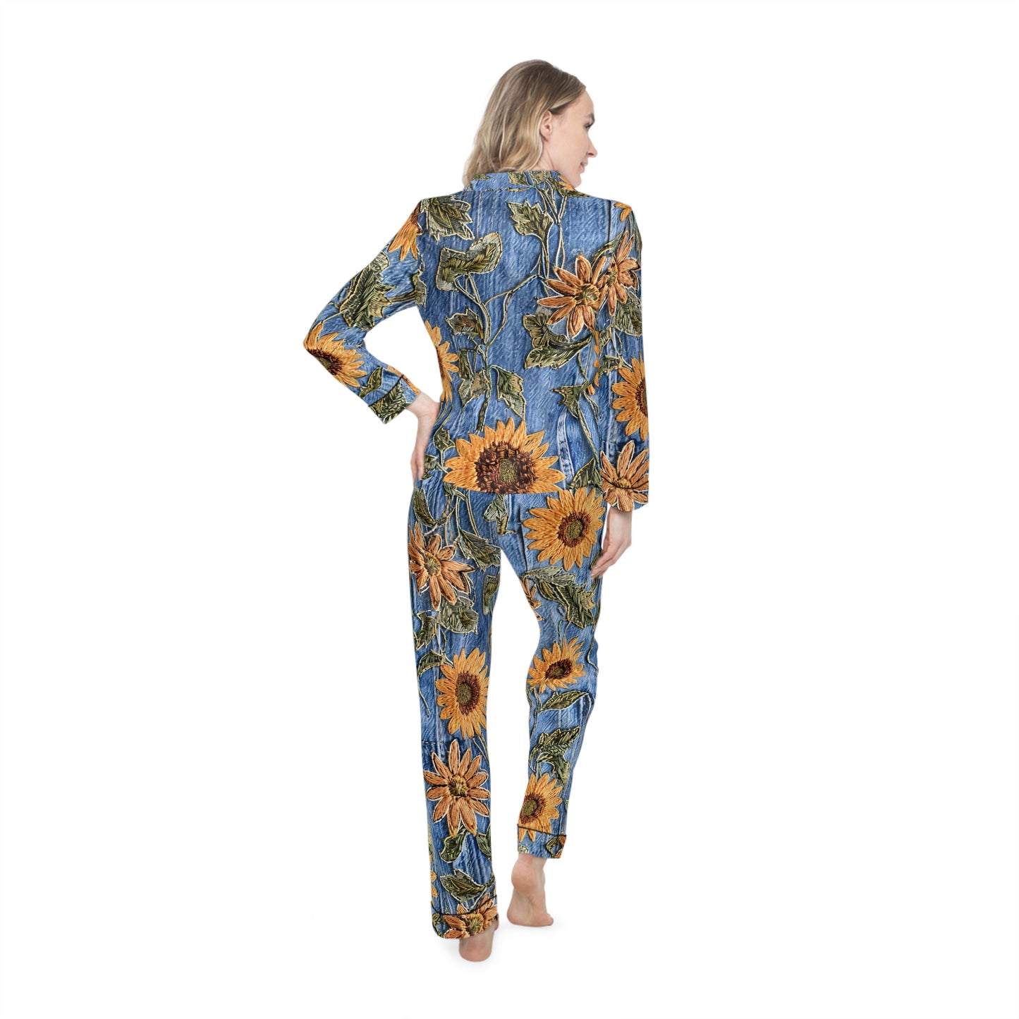 Denim & Sunflowers, Sunflowers and Denim pajamas, Denim & Sunflower Pajamas, Denim Look, Women's Satin Pajamas