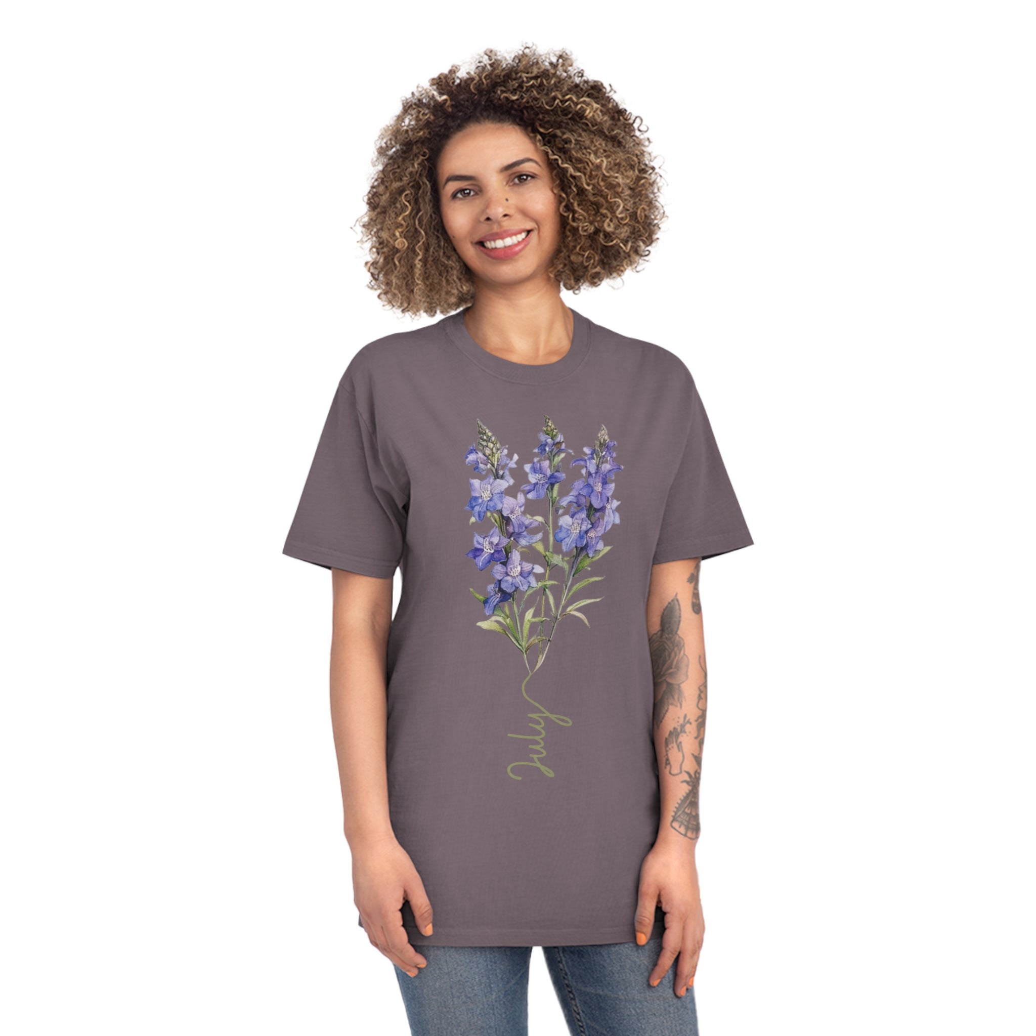 Birth Flower Tee, July Birth Flower, Larkspur Flower, Birth Flower, Birth Flower T-shirt, AS Colours Tee, Unisex Faded Shirt