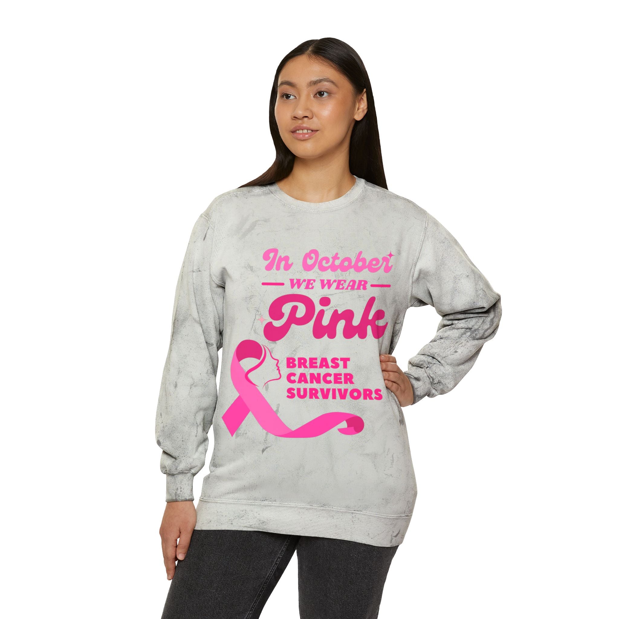 In October We Wear Pink, Breast Cancer Survivors, Breast Cancer Awareness Sweatshirt, Unisex Color Blast Crewneck Sweatshirt, BCA Sweatshirt