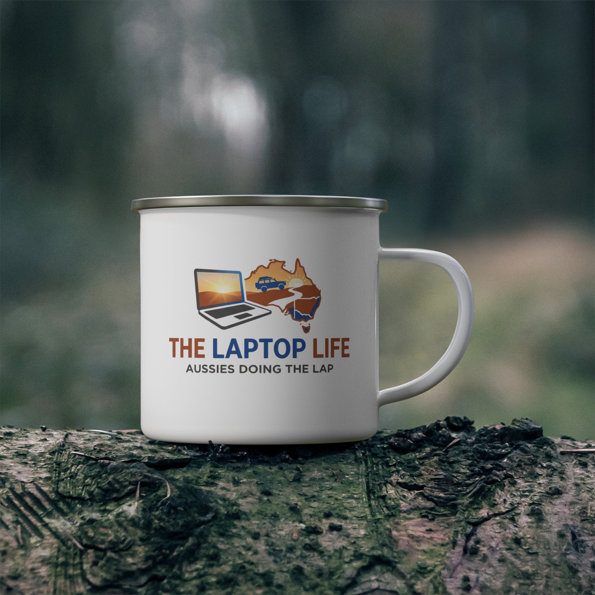Enamel Mug — "The Laptop Life: Aussies Doing The Lap" Travel Camping Cup