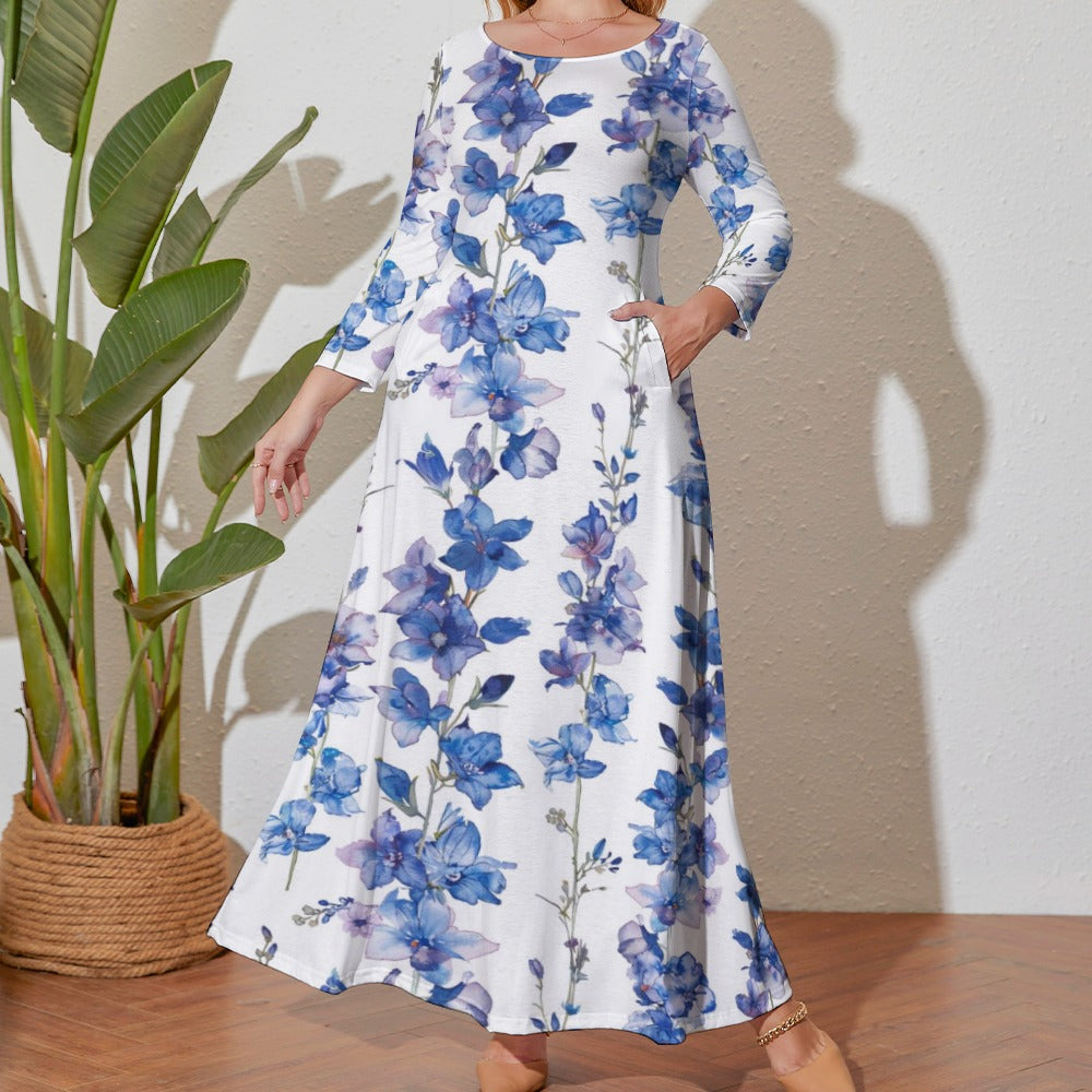 Larkspur Dress, Plus Size Birth Month Dress, July Birth Month Dress, Small to Plus Size Loose Dress, Crew Neck Long Sleeve Dress