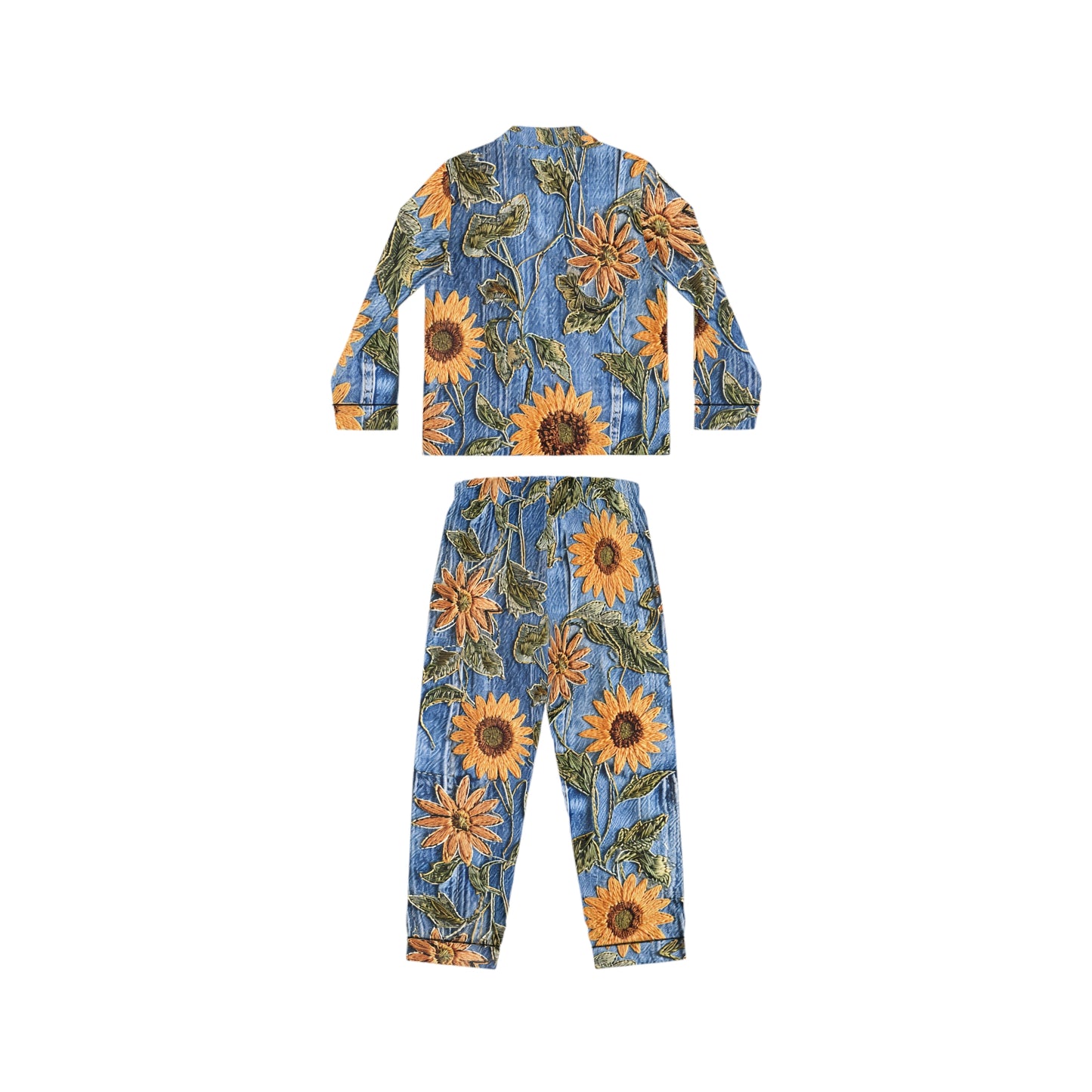 Denim & Sunflowers, Sunflowers and Denim pajamas, Denim & Sunflower Pajamas, Denim Look, Women's Satin Pajamas