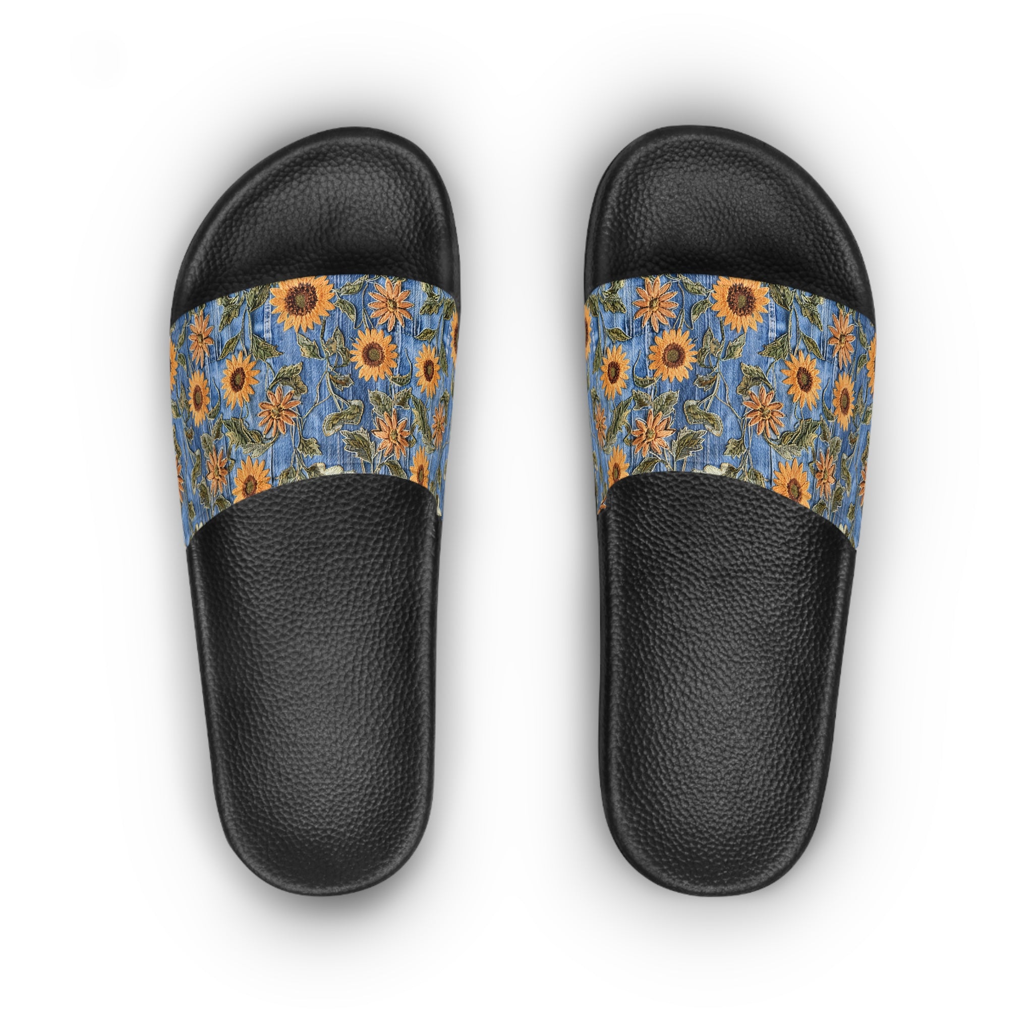 Denim & Sunflowers, Denim and Sunflowers Slides, Denim Look Slides, Denim look sandals, summer sandals, Women's Slide Sandals