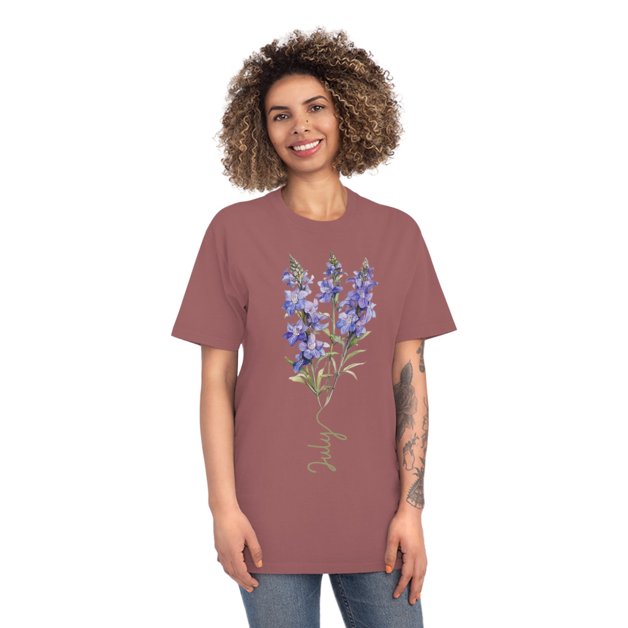Birth Flower Tee, July Birth Flower, Larkspur Flower, Birth Flower, Birth Flower T-shirt, AS Colours Tee, Unisex Faded Shirt