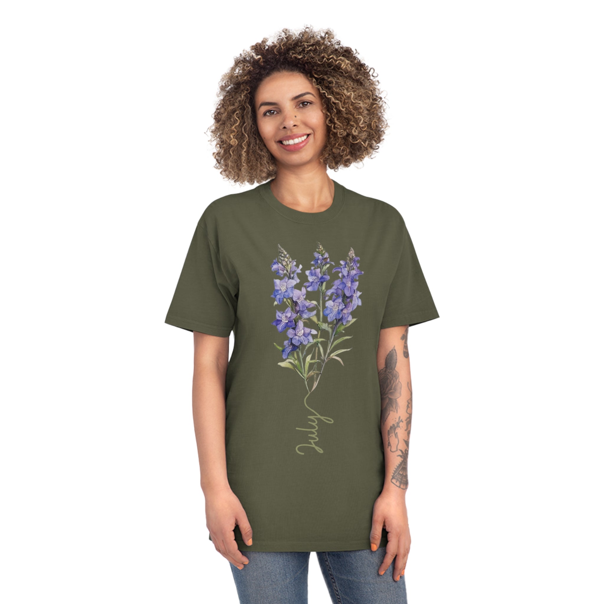 Birth Flower Tee, July Birth Flower, Larkspur Flower, Birth Flower, Birth Flower T-shirt, AS Colours Tee, Unisex Faded Shirt