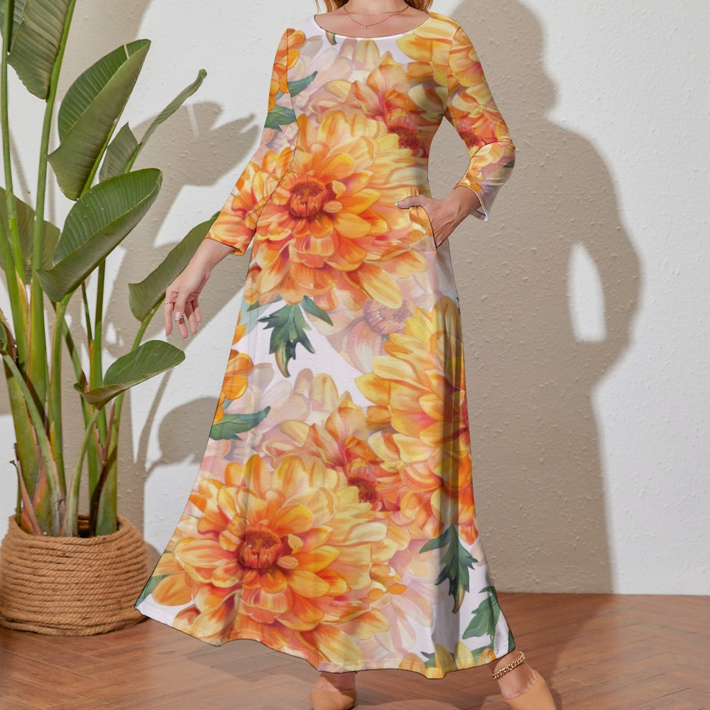 Marigold Dress, Plus Size Birth Month Dress, October Birth Month Dress, Plus Size Loose Dress, Crew Neck Long Sleeve Dress