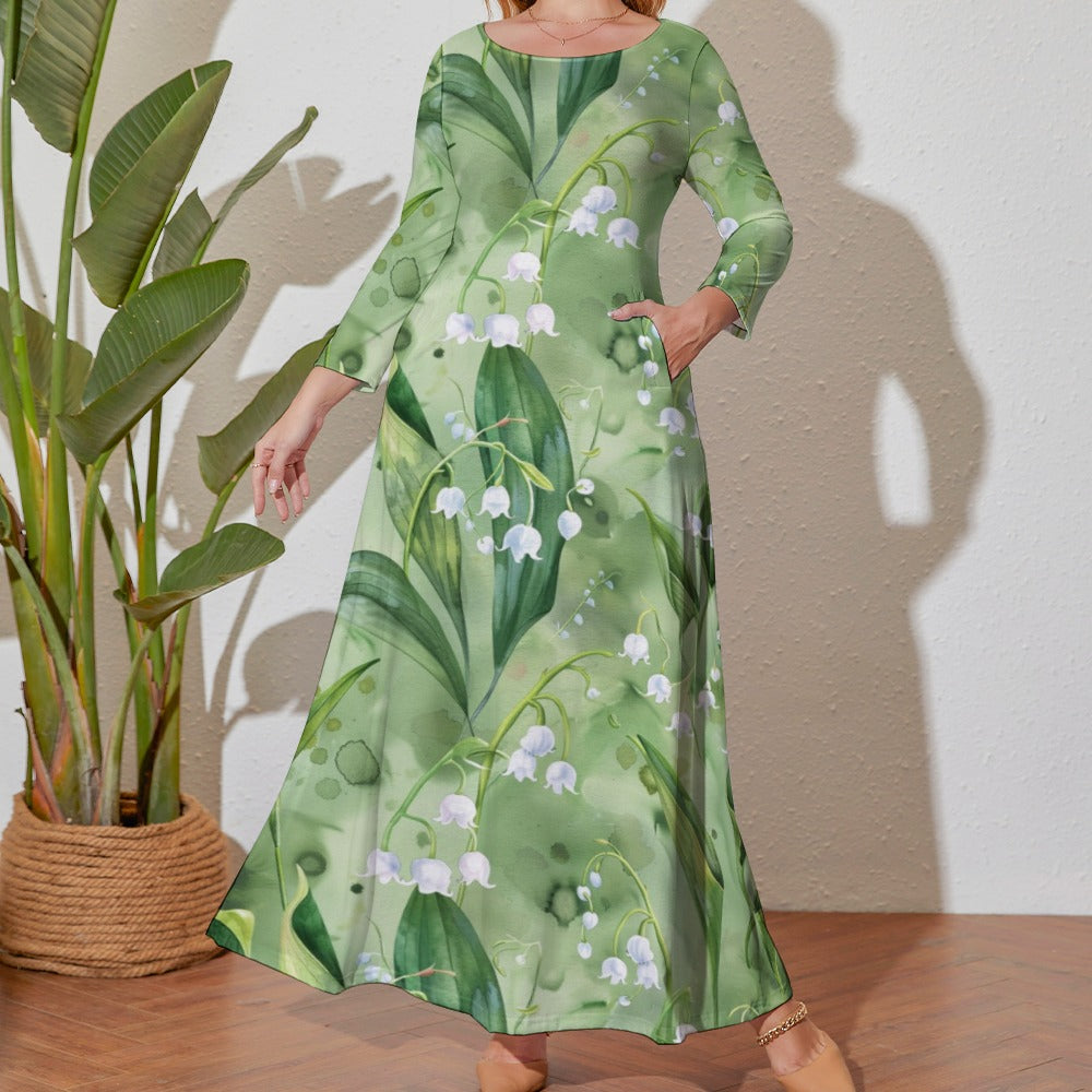 Lily of the Valley Dress, Plus Size Birth Month Dress, May Birth Month Dress, Small to Plus Size Loose Dress, Crew Neck Long Sleeve Dress