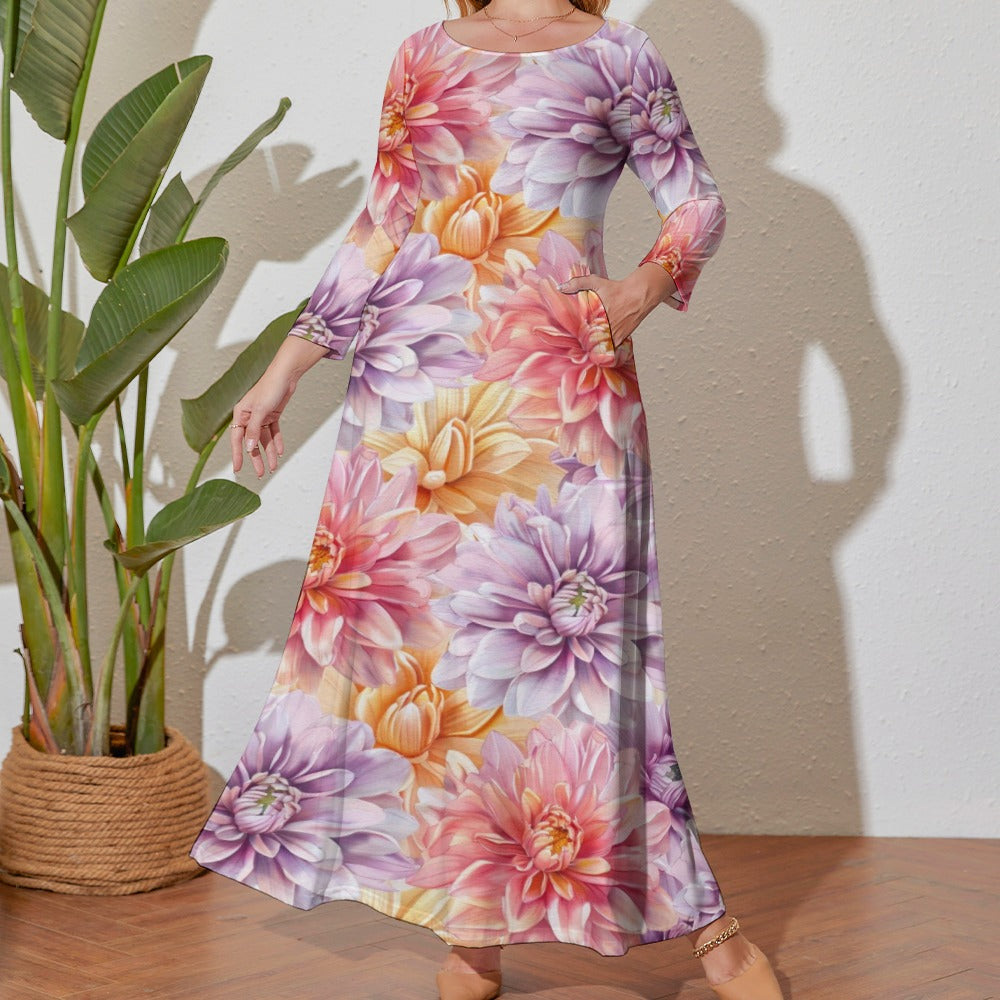Chrysanthemum, Plus Size Birth Month Dress, November Birth Month Dress, Plus Size Loose Dress, Crew Neck Long Sleeve Dress