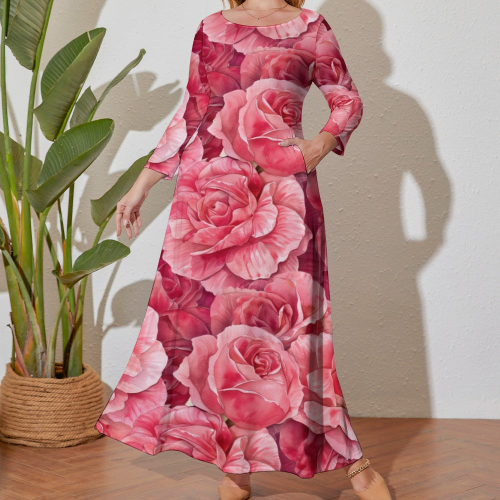 Roses Dress, Plus Size Birth Month Dress, June Birth Month Dress, Small to Plus Size Loose Dress, Crew Neck Long Sleeve Dress
