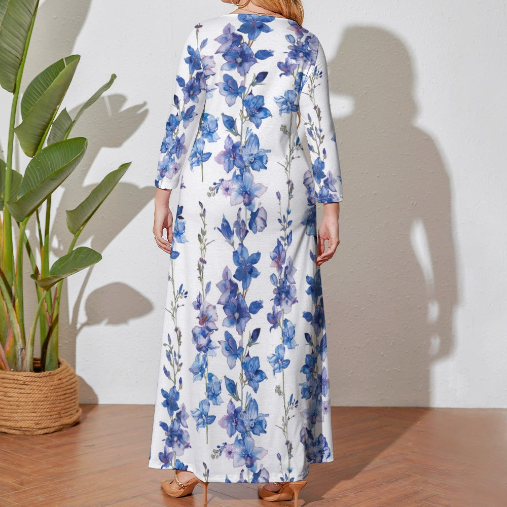 Larkspur Dress, Plus Size Birth Month Dress, July Birth Month Dress, Small to Plus Size Loose Dress, Crew Neck Long Sleeve Dress