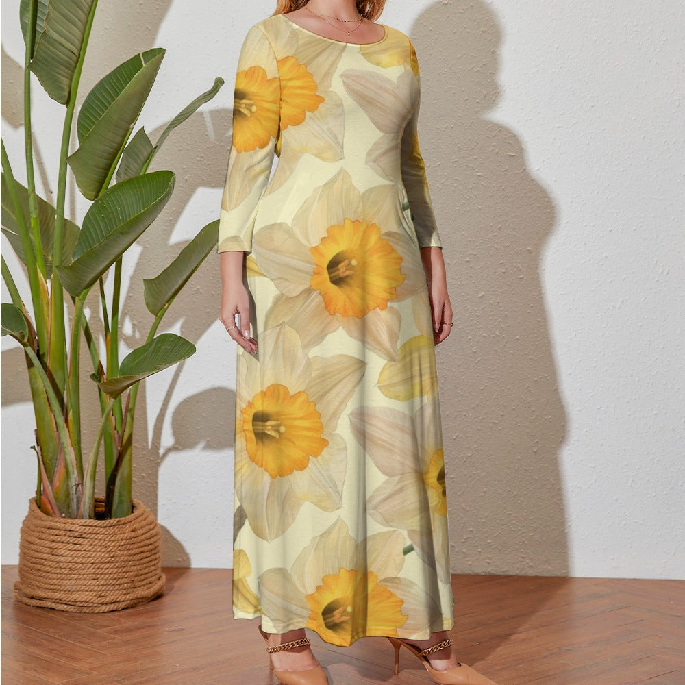 Daffodils Dress, Plus Size Birth Month Dress, March Birth Month Dress, Small to Plus Size Loose Dress, Crew Neck Long Sleeve Dress