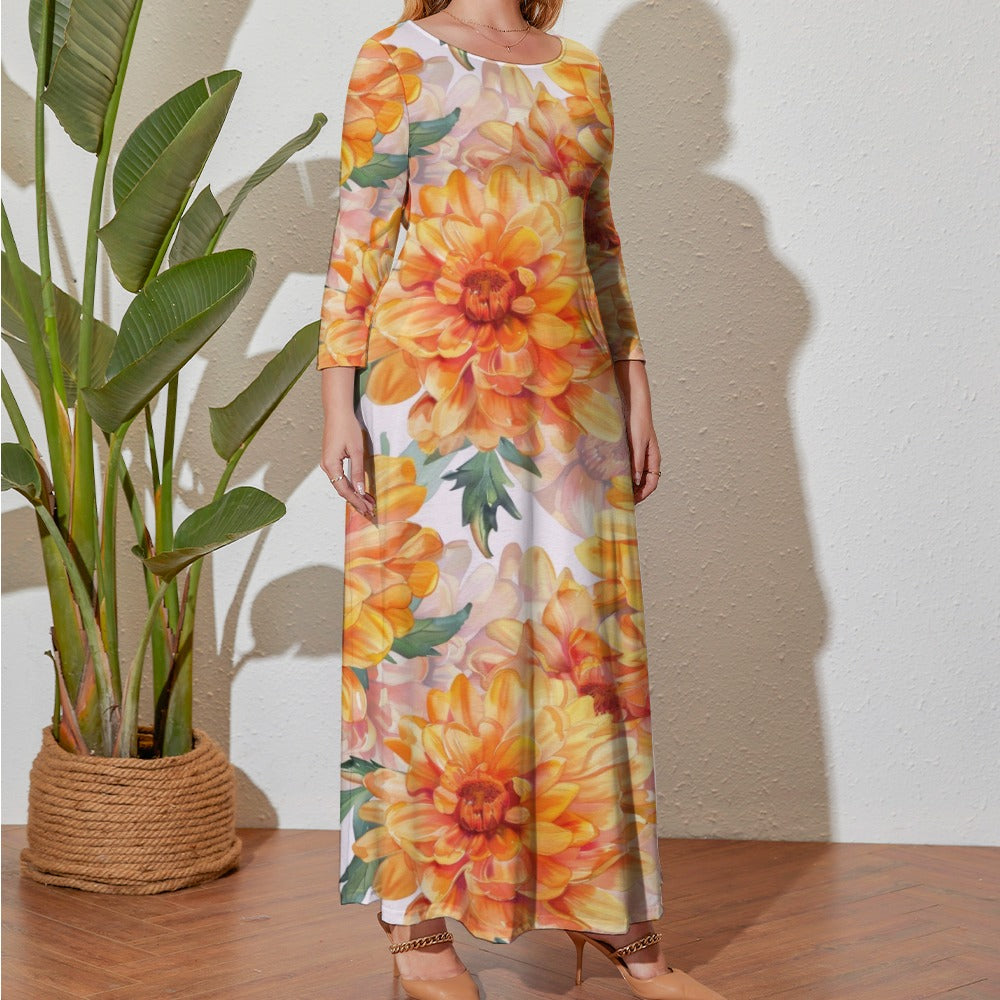 Marigold Dress, Plus Size Birth Month Dress, October Birth Month Dress, Plus Size Loose Dress, Crew Neck Long Sleeve Dress