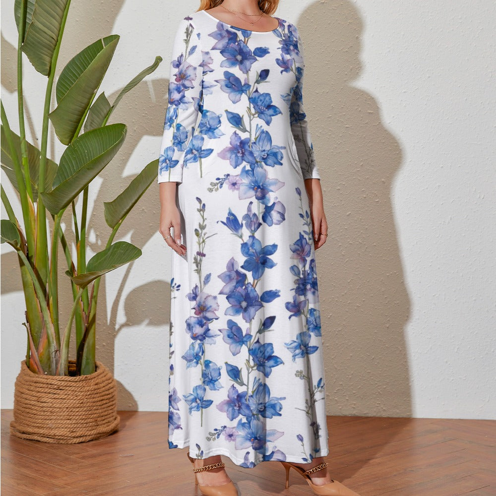 Larkspur Dress, Plus Size Birth Month Dress, July Birth Month Dress, Small to Plus Size Loose Dress, Crew Neck Long Sleeve Dress