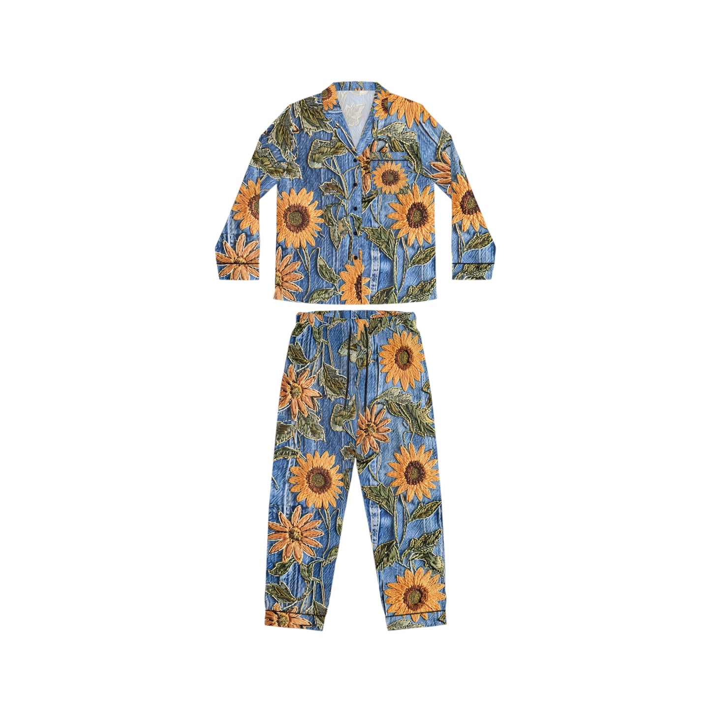 Denim & Sunflowers, Sunflowers and Denim pajamas, Denim & Sunflower Pajamas, Denim Look, Women's Satin Pajamas