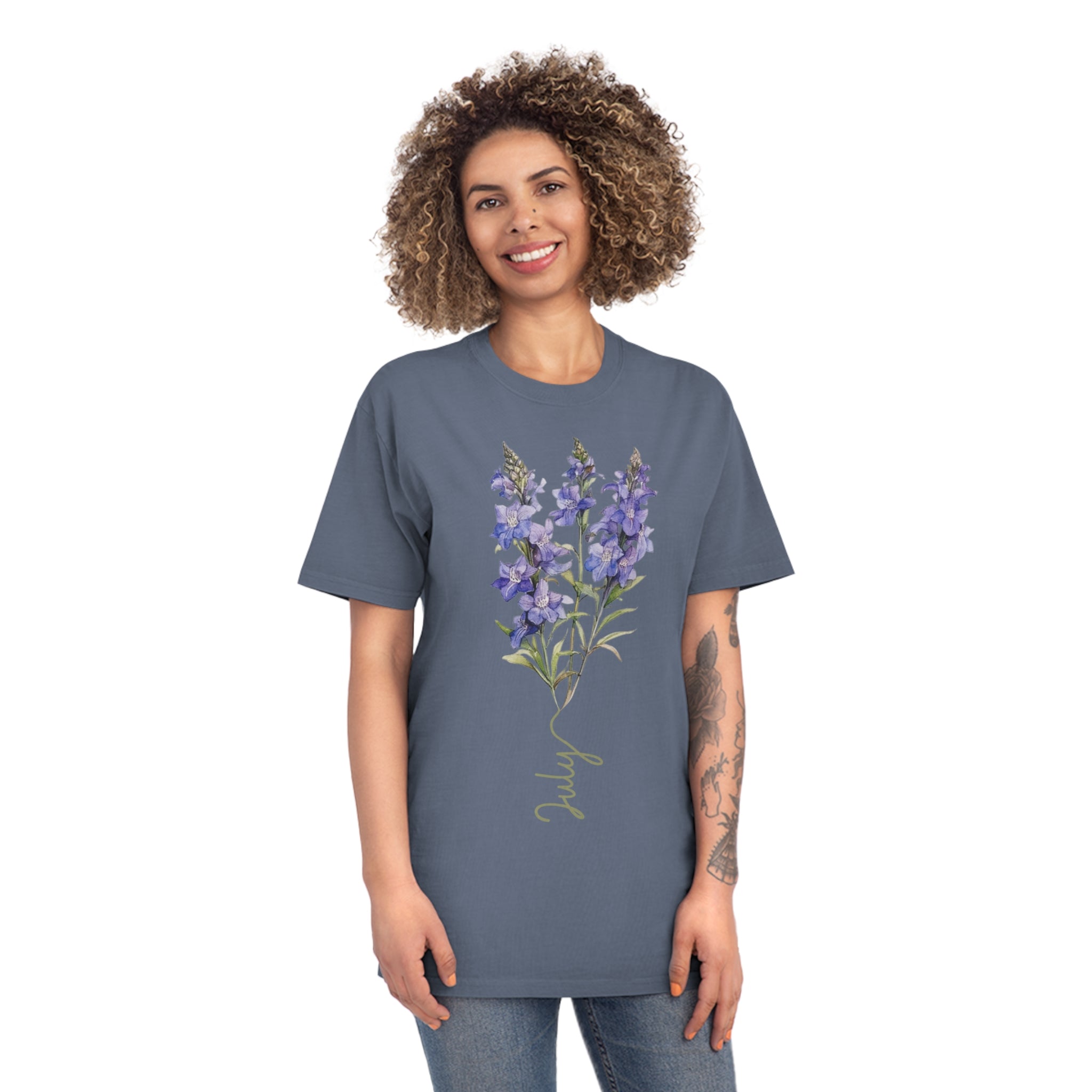 Birth Flower Tee, July Birth Flower, Larkspur Flower, Birth Flower, Birth Flower T-shirt, AS Colours Tee, Unisex Faded Shirt