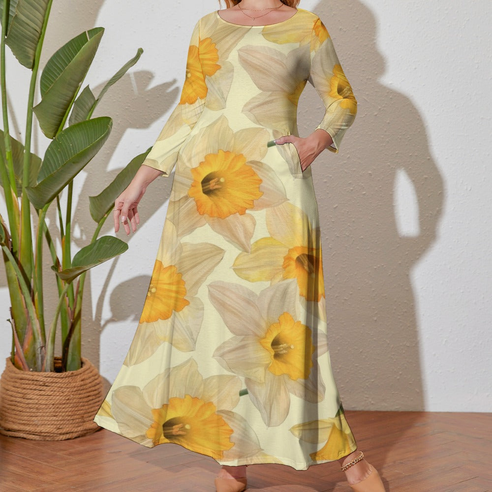 Daffodils Dress, Plus Size Birth Month Dress, March Birth Month Dress, Small to Plus Size Loose Dress, Crew Neck Long Sleeve Dress